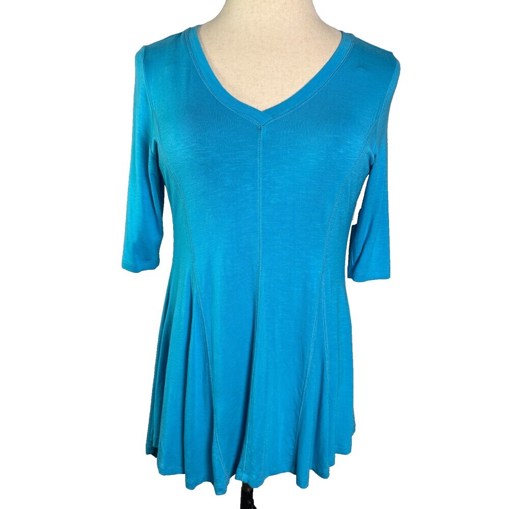 Soft Surroundings Teal Blue Knit Elbow Sleeve Tunic Sz M V-Neck High-Low Hem